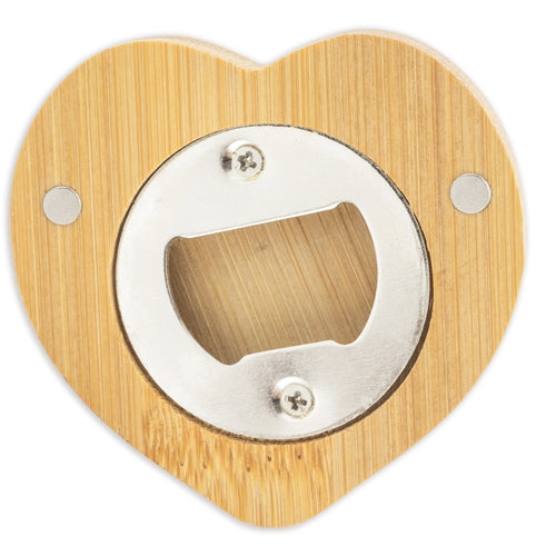 Abridor imantado de bambú natural grabado a láser con forma de corazón