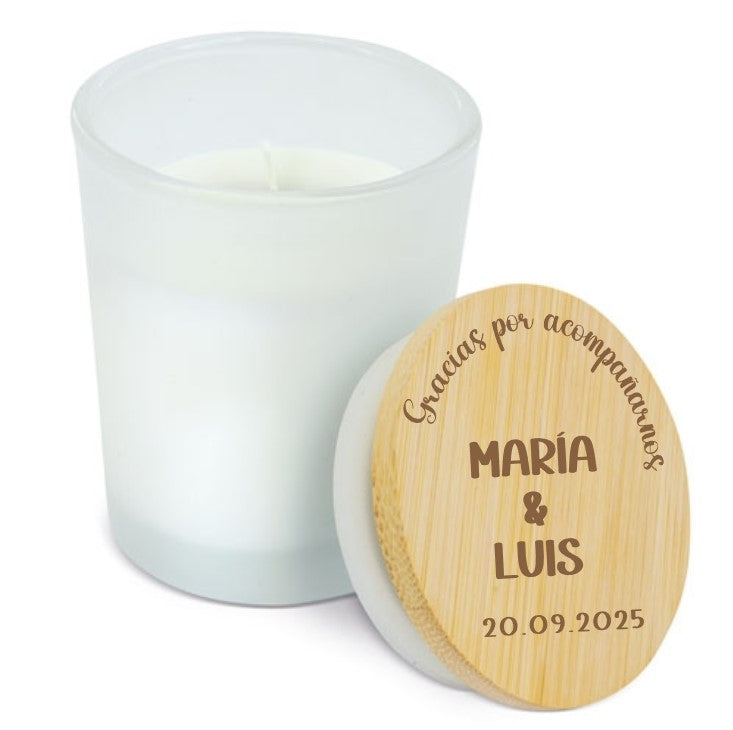 Vela aromática con tapa de bambú personalizada a láser