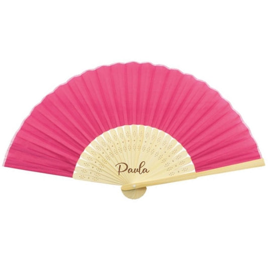 Abanico personalizado de tela y madera bambú con calados y grabación láser