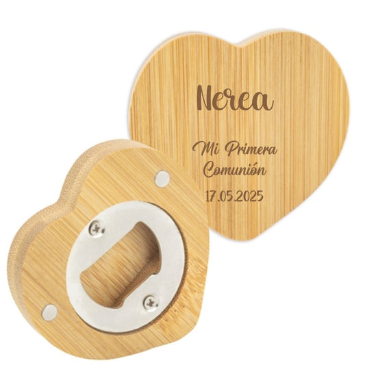 Abridor imantado de bambú natural grabado a láser con forma de corazón