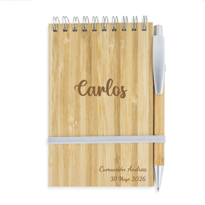 Bloc de notas personalizado con bolígrafo de bambú grabado a láser