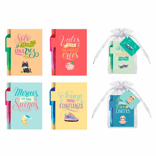 Mini libreta con bolígrafo frases en bolsita