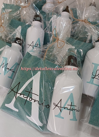 Pack bolsa mochila de algodón y bidón con inicial y nombre