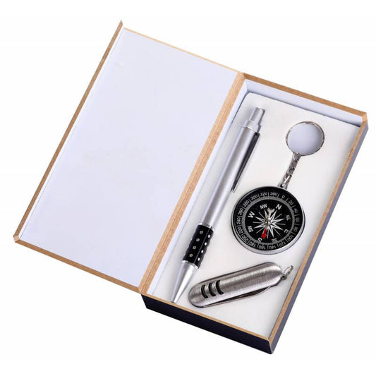 Bolígrafo + navaja multiusos + brújula llavero en caja de madera