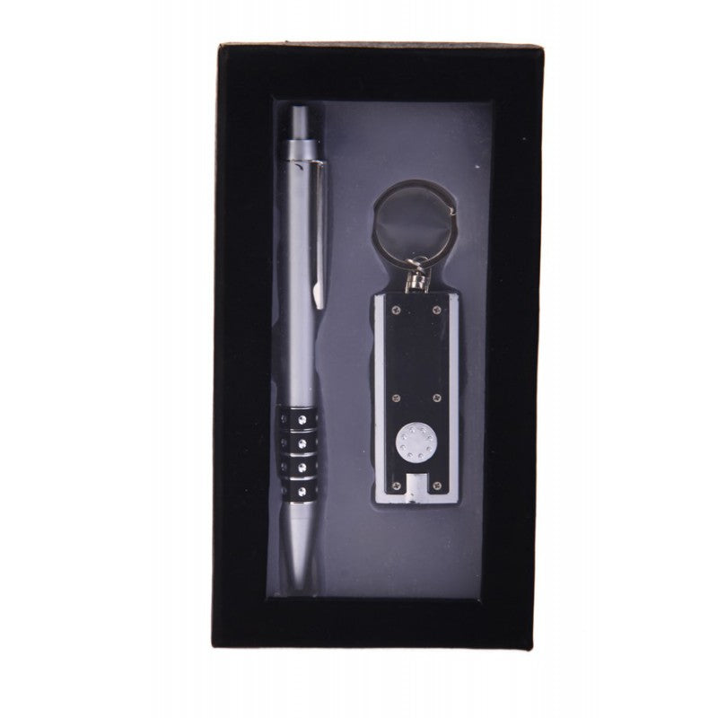Bolígrafo + llavero linterna LED estuche negro