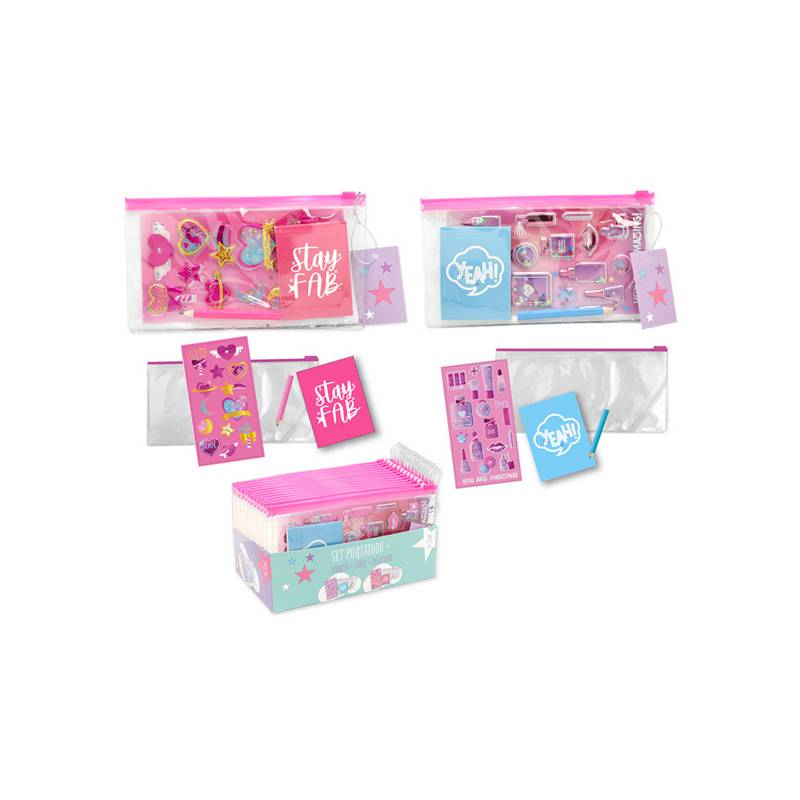 Set escolar portatodo + libreta + lápiz + pegatinas